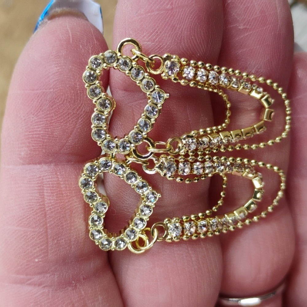 Golden Dangle Hearts Rhinestone post earrings